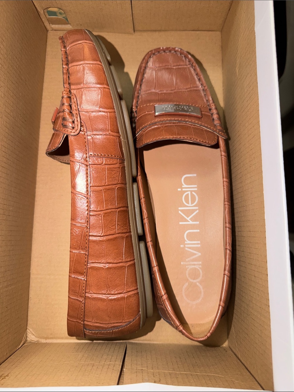 Calvin Klein Women’s Tan Croc-Embossed Leather Slip-On Loafers